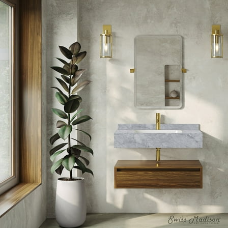 Avancer 36" Wall-Mounted Bathroom Vanity in Brown Oak with Storm Grey Sink Top