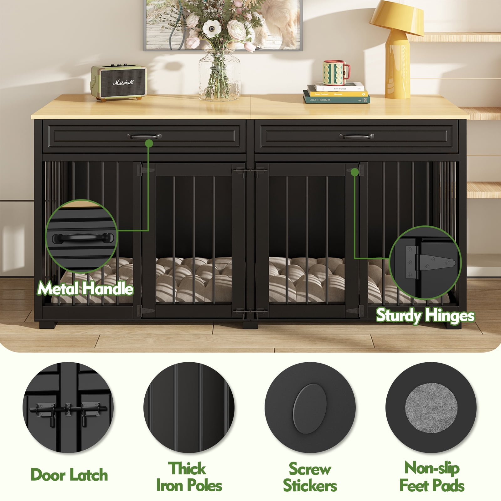 NARTRU 64.6" Large Double Dog Crate Kennel Furniture with Divider and 2 Drawers for 2 Small or Medium Dogs Indoor, Black