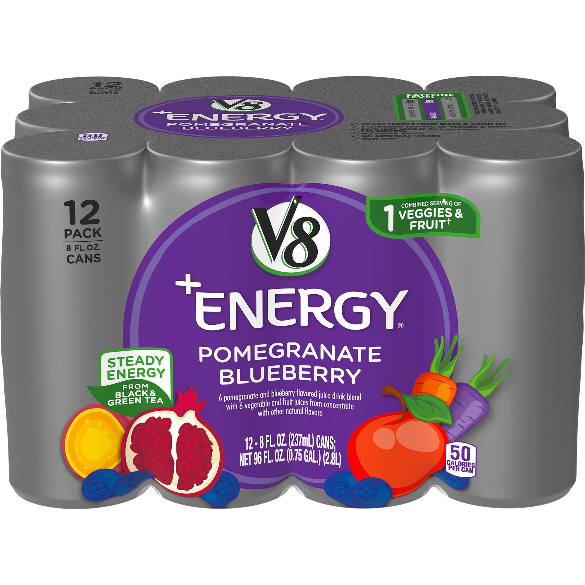 V8 +Energy, Healthy Energy Drink, Natural Energy from Tea, Pomegranate Blueberry, 8 Ounce Can