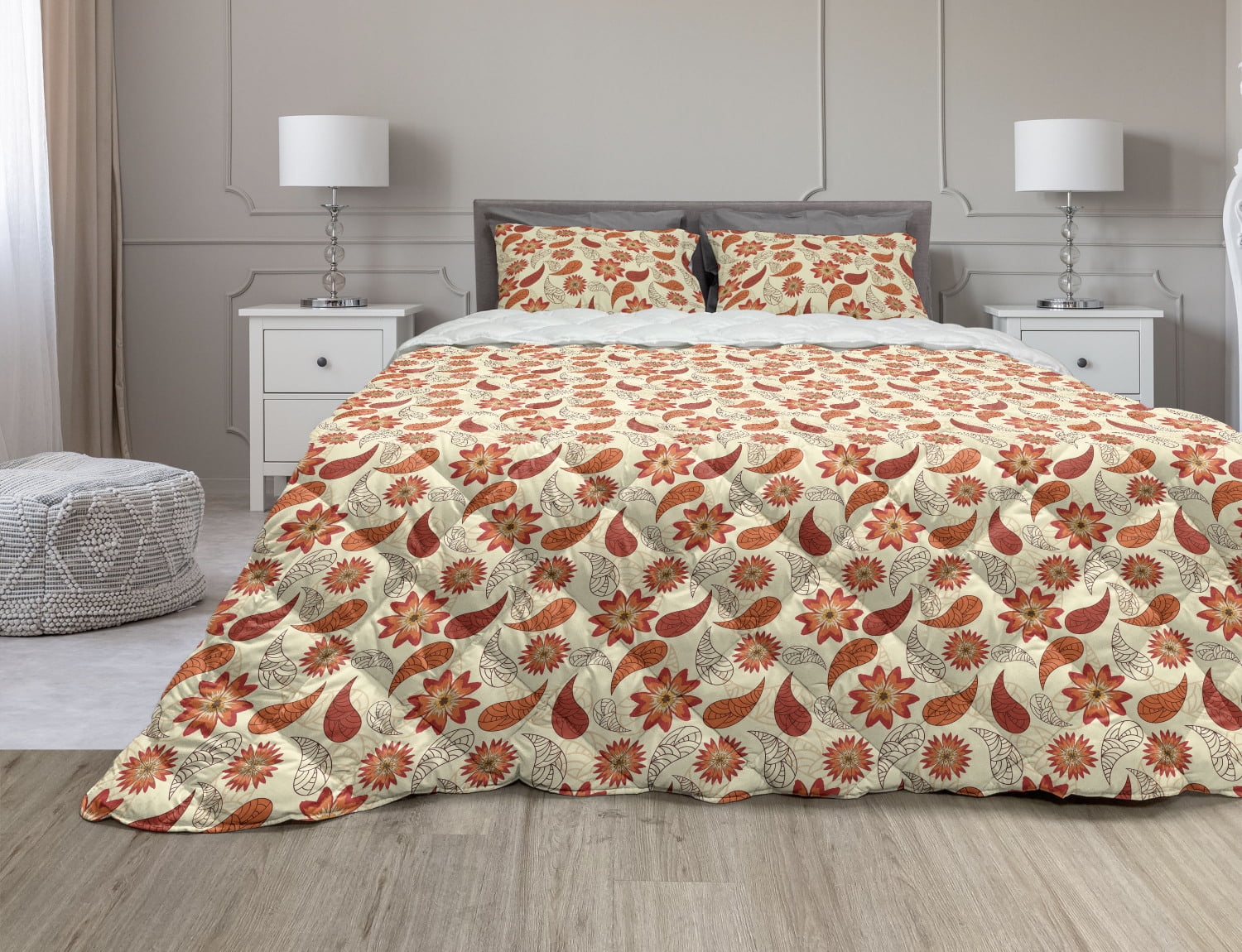 Orange Quilted Bedspread & Pillow Shams Set Poppy Flower Romance Print 