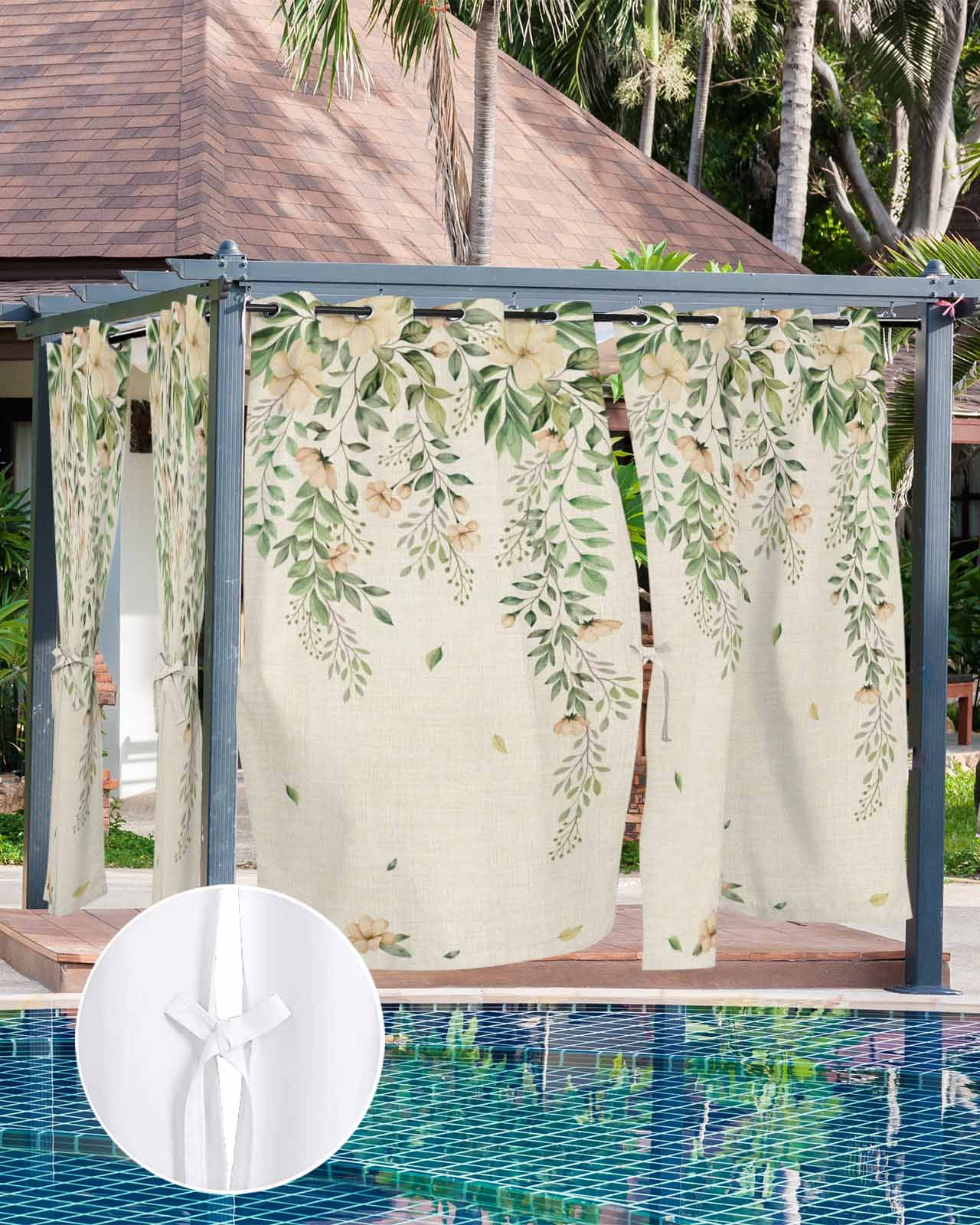 Spring Flowers Outdoor Curtains for Patio, Watercolor Beige Floral Falling Green Leaf Plant Linen Texture Waterproof Weatherproof Outside Privacy Curtains Outdoor Drapes for Porch 54x95 Inch, 2 Panel