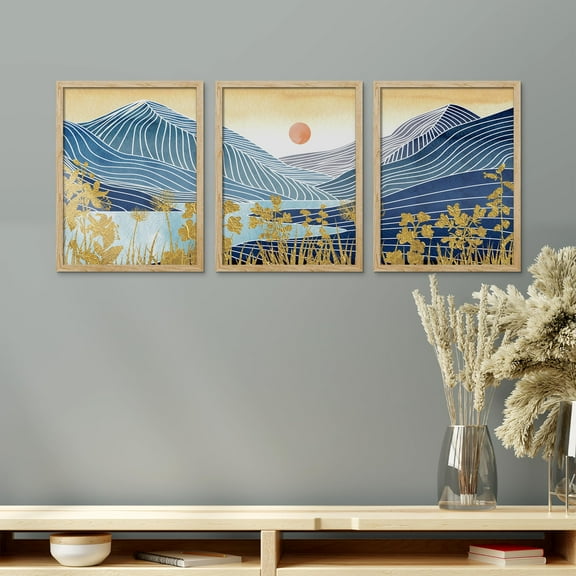 PixonSign Framed Canvas Print Wall Art Set - Abstract Mountain and Gold Floral Landscape Posters - Set of 3 Watercolor Farmhouse Decor Boho Vintage Wall Décor for Living Room - 12"x16" Natural