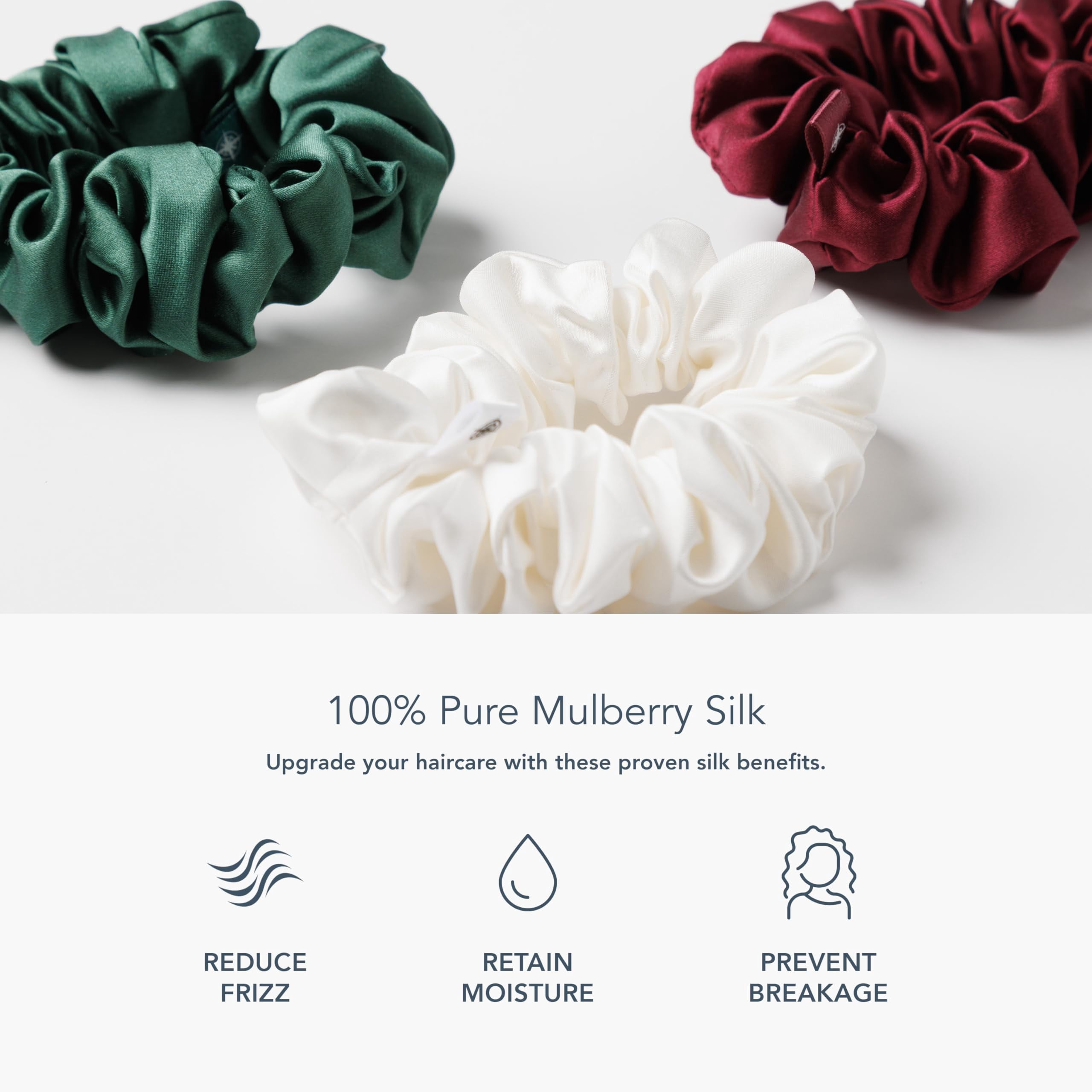 Fishers Finery 25 Momme 100% Pure Mulberry Silk Large Scrunchies (Red|Green|White - 3 Pk)