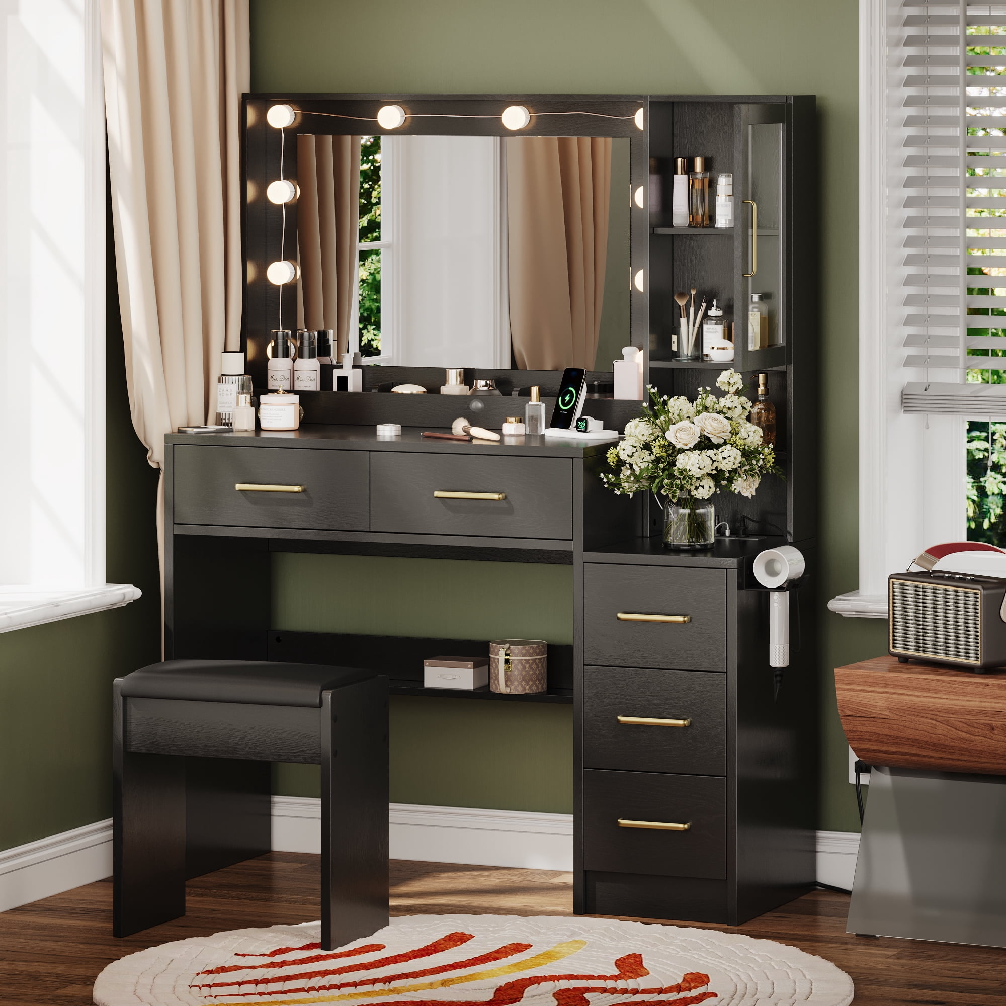 UGTOO 35.4" Black Makeup Vanity Desk with LED Mirror & Charging Station - Farmhouse Dressing Table, 5 Drawers, Wood Dresser for Bedroom/Apartment