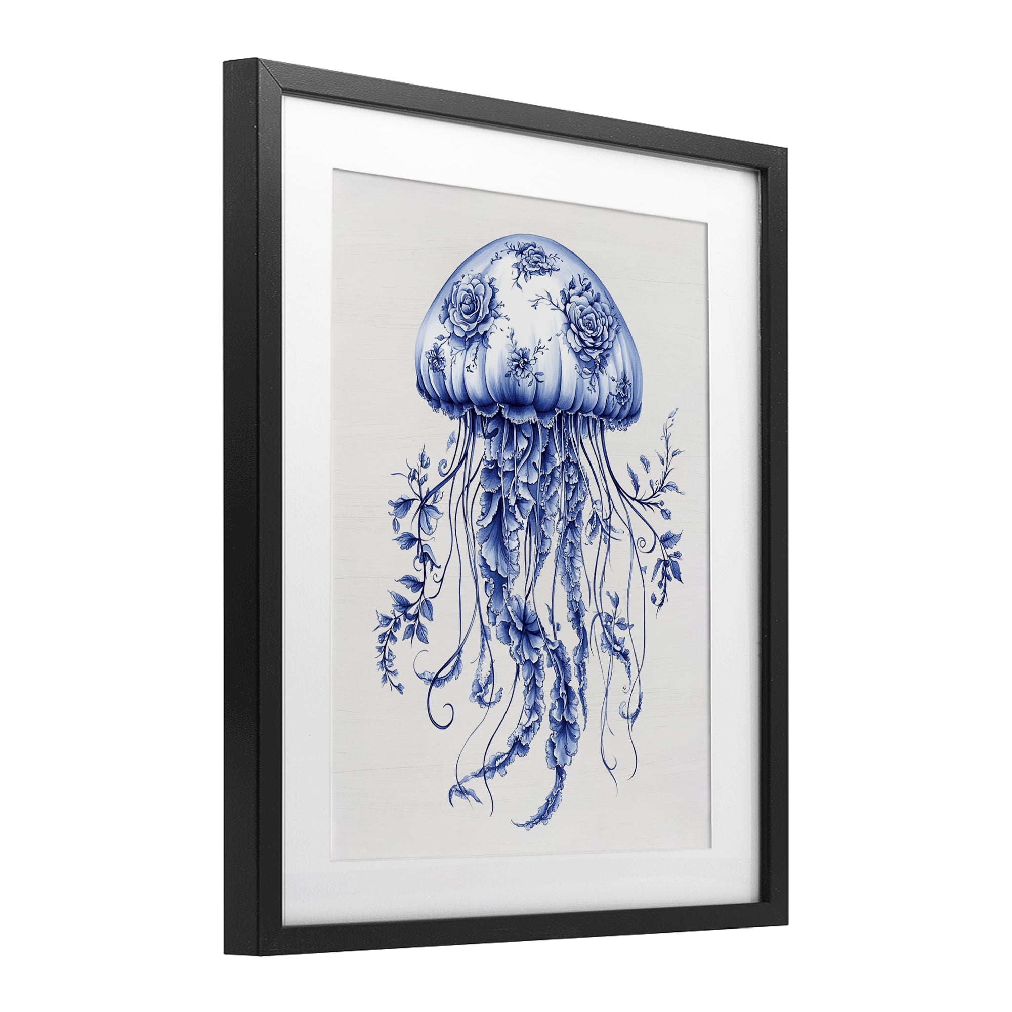 Funky Toile Jellyfish Black Framed Print Under Glass, design by Lettered and Lined