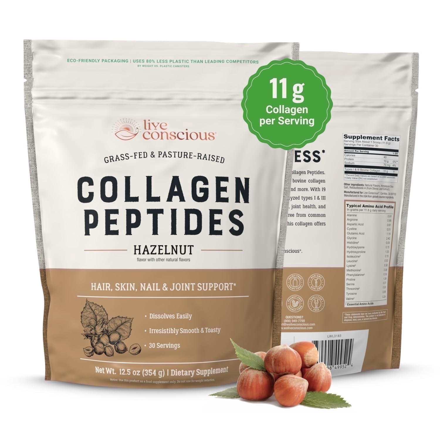 Live Conscious Collagen Peptides Powder, Hazelnut, Grass-Fed Types I & III, Skin, Hair, Nails & Joint Support, 30 Servings