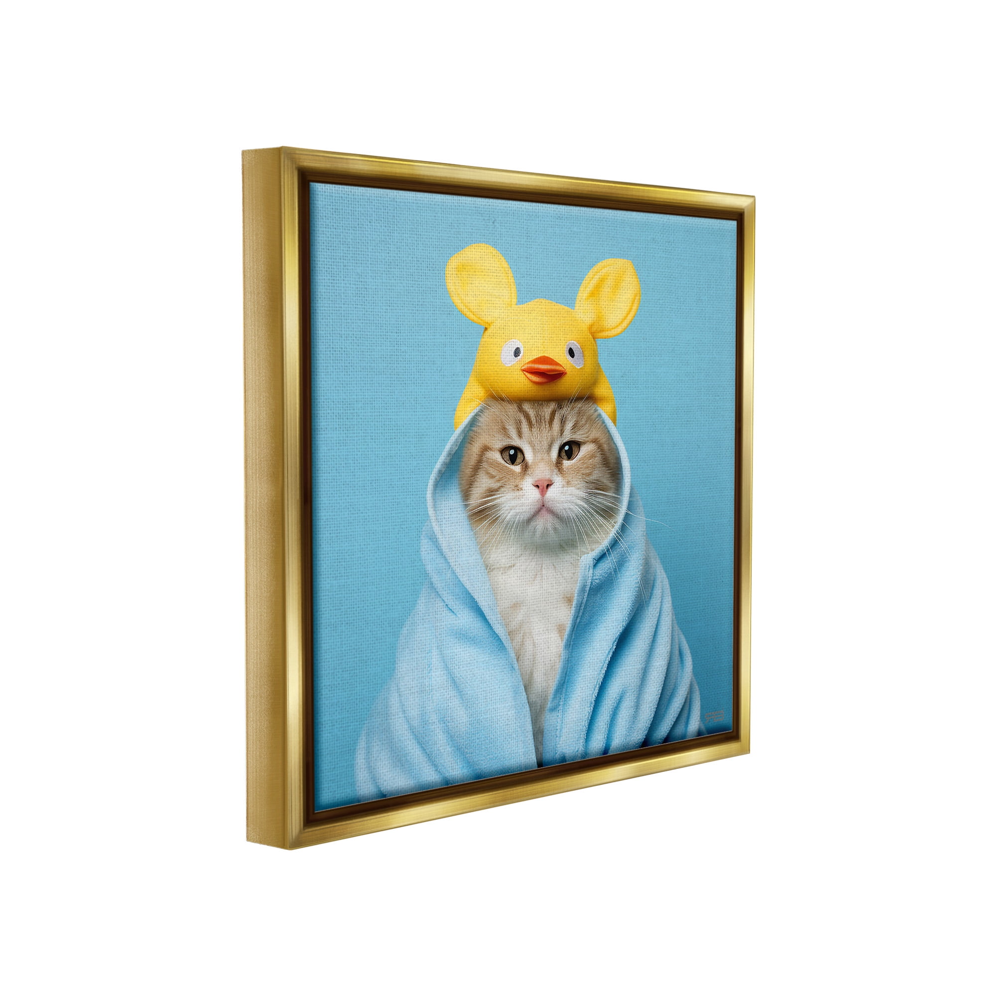 Stupell Industries Cat in Cozy Bathrobe Animals & Insects Painting Gold Floater Framed Canvas Art Print Wall Art, 18 x 18