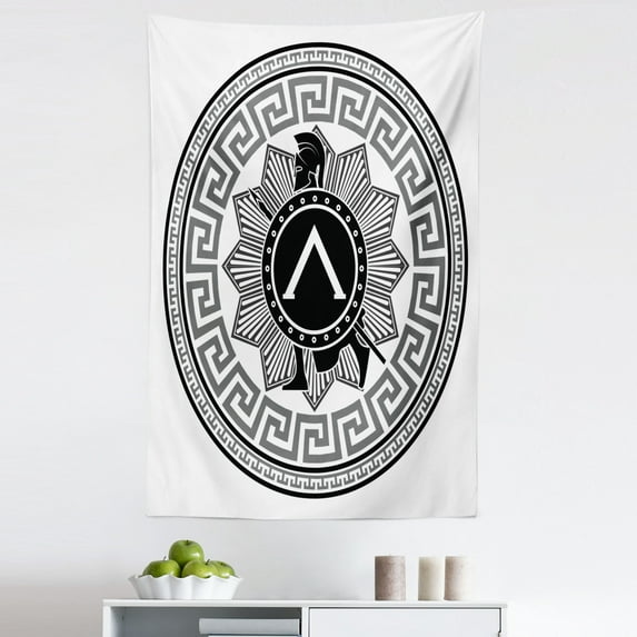 Retro Tapestry, Concept of Greek Pattern Spartans Silhouette Retro Design, Fabric Wall Hanging Decor for Bedroom Living Room Dorm, 5 Sizes, Grey Black White, by Ambesonne
