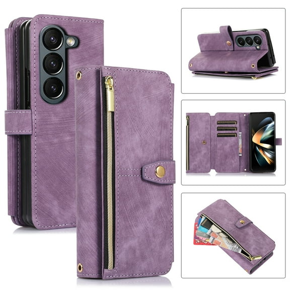 JiaheCover for Samsung Galaxy Z Fold5 Wallet Case,Rugged Shockproof Zipper Credit Card Slot Stand with Shoulder Strap Full Body Protection Case Cover,Purple