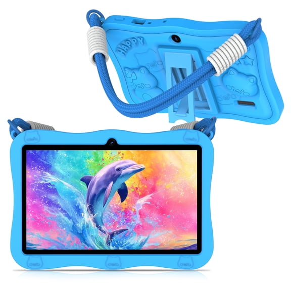 QunyiCo Kids Tablet 7 inch,Android 13 Tablet for Kids 3-7,4GB RAM 32GB ROM,1024 * 600 IPS Touch Screen,Parental Control,Tablet with Protective Case,Blue