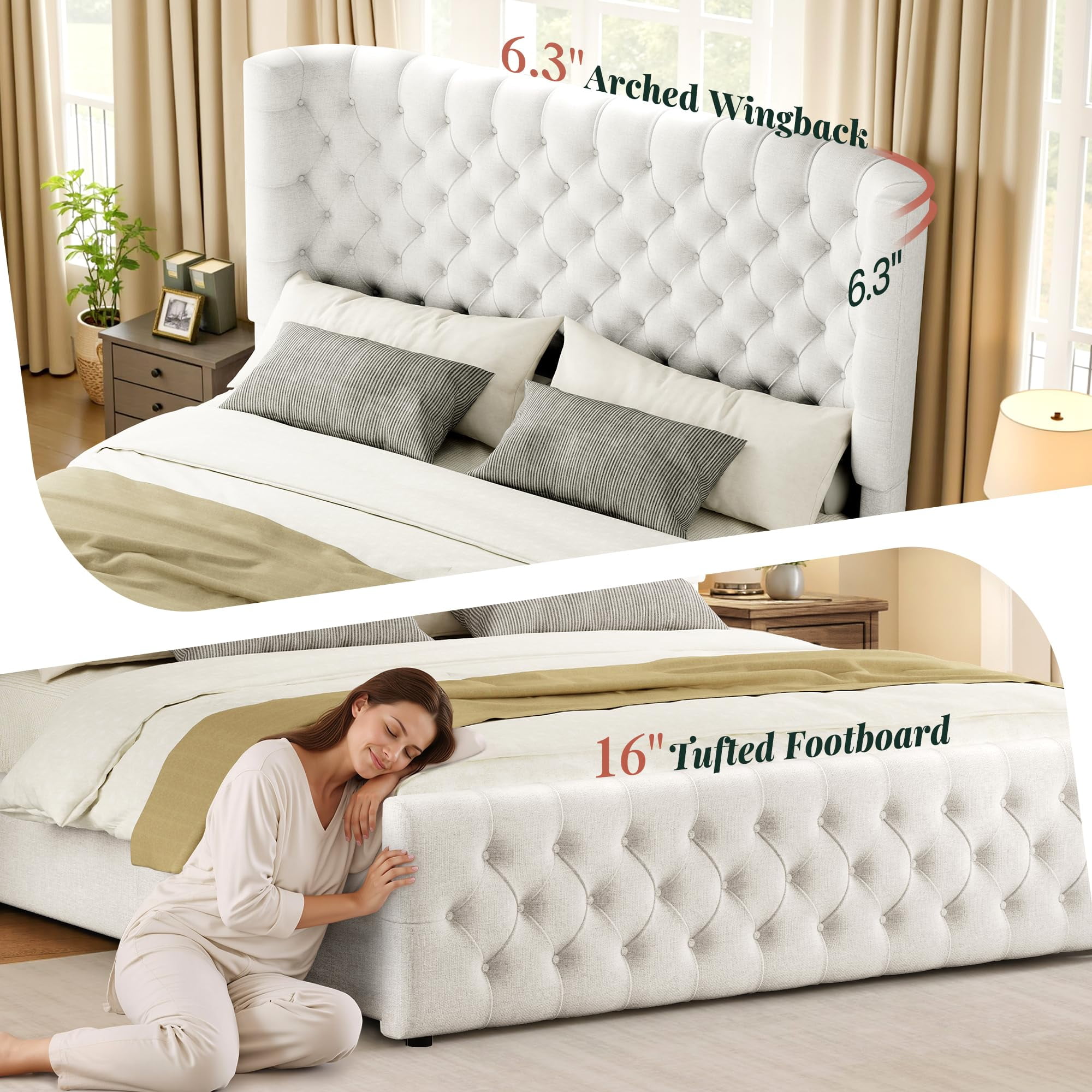 Amerlife King Bed Frame with 49” Upholstered Wingback Headboard, Noise-Free Platform Bed with Steel Frame and Slip-Resistant Edges, White