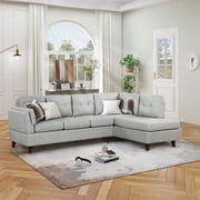Euroco 97" Modern Linen Fabric Sofa, L-Shape Couch with Chaise Lounge, 4 Seat Sectional Sofa with One Lumbar Pad, Gray
