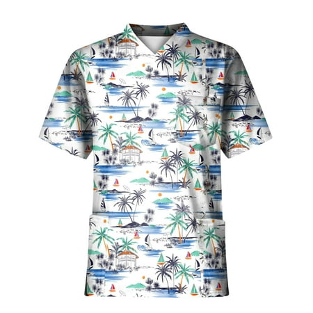 

FeternalPlus Size Printed Scrub Tops For Men s Cross V-Neck Short Sleeve Fun T-Shirts Workwear Tee With Pockets hawaiian shirt for men