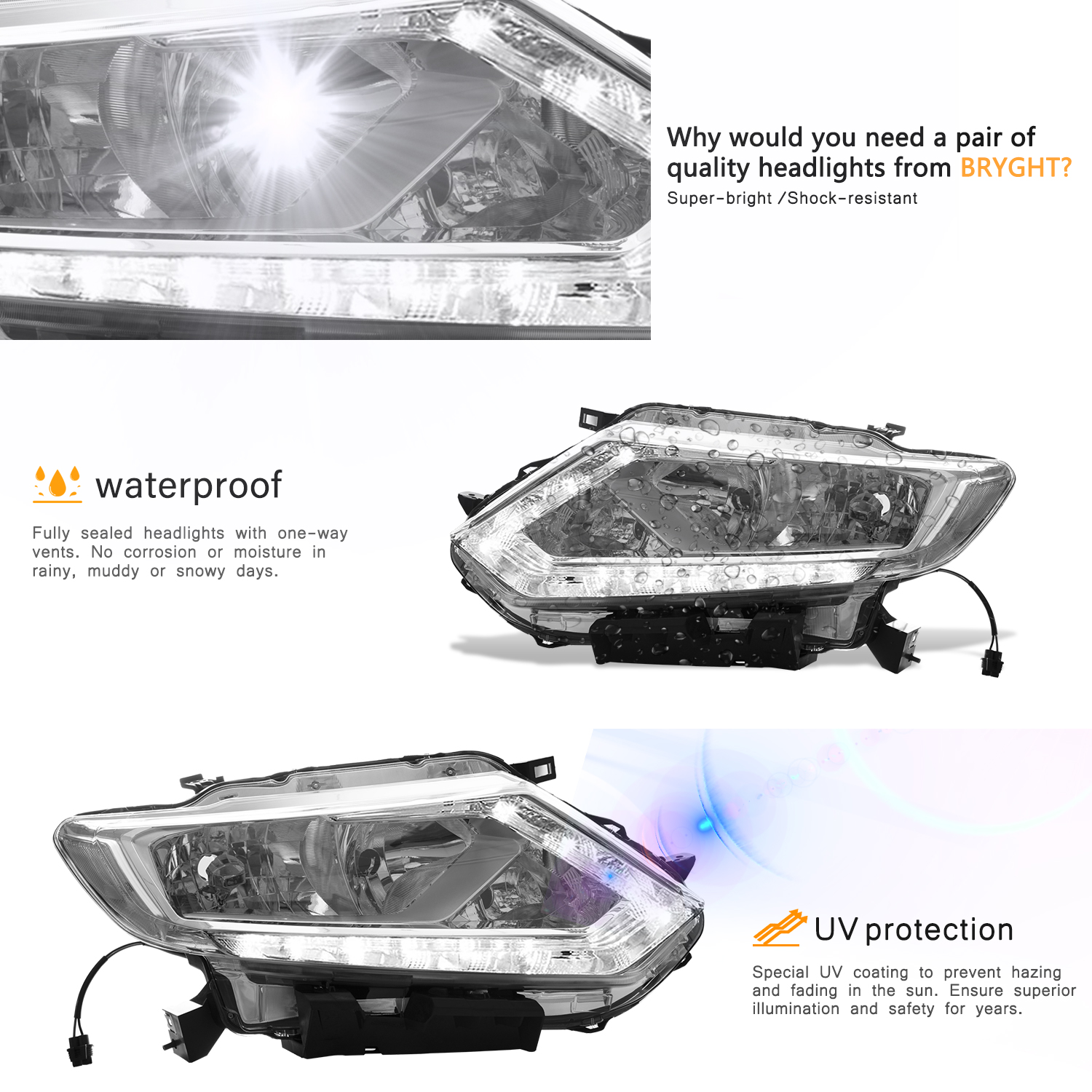 For 2014 2015 2016 Nissan Rogue Halogen LED DRL Headlights Assembly Pair