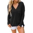 thumbnail image 1 of Tops de otoño para mujer, camisas simples informales de manga larga con cuello en V, Top holgado de talla grande con abertura y bolsillo en el pecho, negro XL, 1 of 6