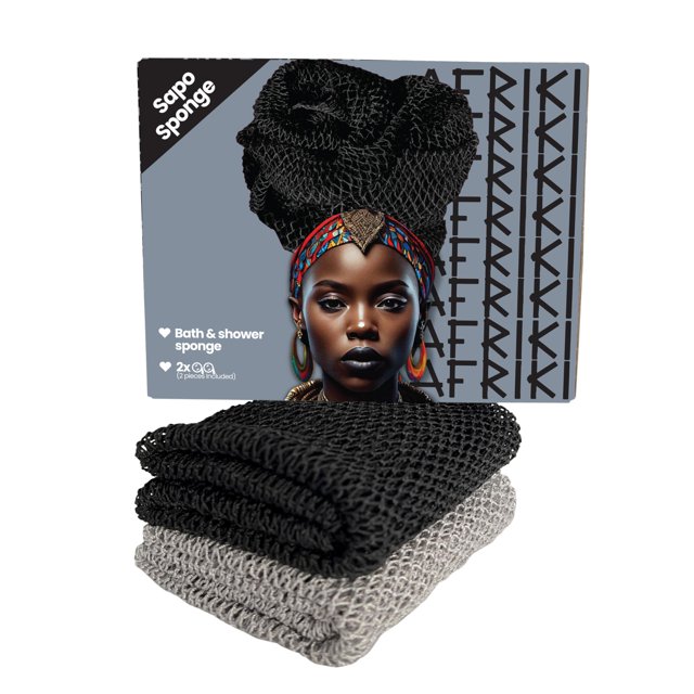 AFRIKI Esponja de red africana, esponja exfoliante africana, de propiedad negra, exfoliante corporal, exfoliante para baño y ducha, exfoliante de espalda, removedor de piel muerta (negro gris, 1 unida