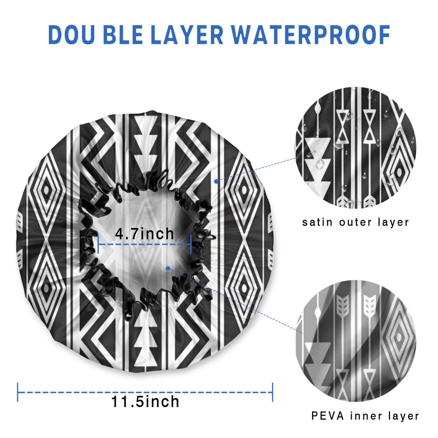 Shower Caps,Black and White Geometric Boho Pattern Waterproof Shower Cap for Women 4 Pieces,Double Reusable Hair Cover for Shower PEVA Elastic Stretch Hem