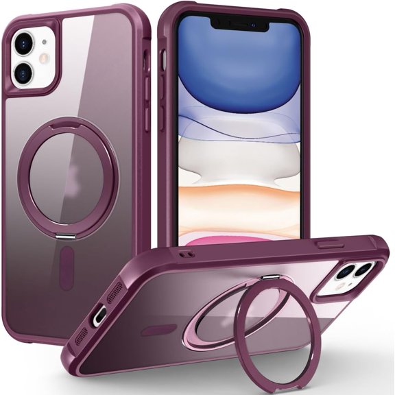 for iPhone 11 Case with 360° Rotatable Magnetic Ring Stand [Compatible MagSafe] [Military Grade Protection] Translucent Matte iPhone 11 Phone Cases for Women Men 6.1'', Wine Red