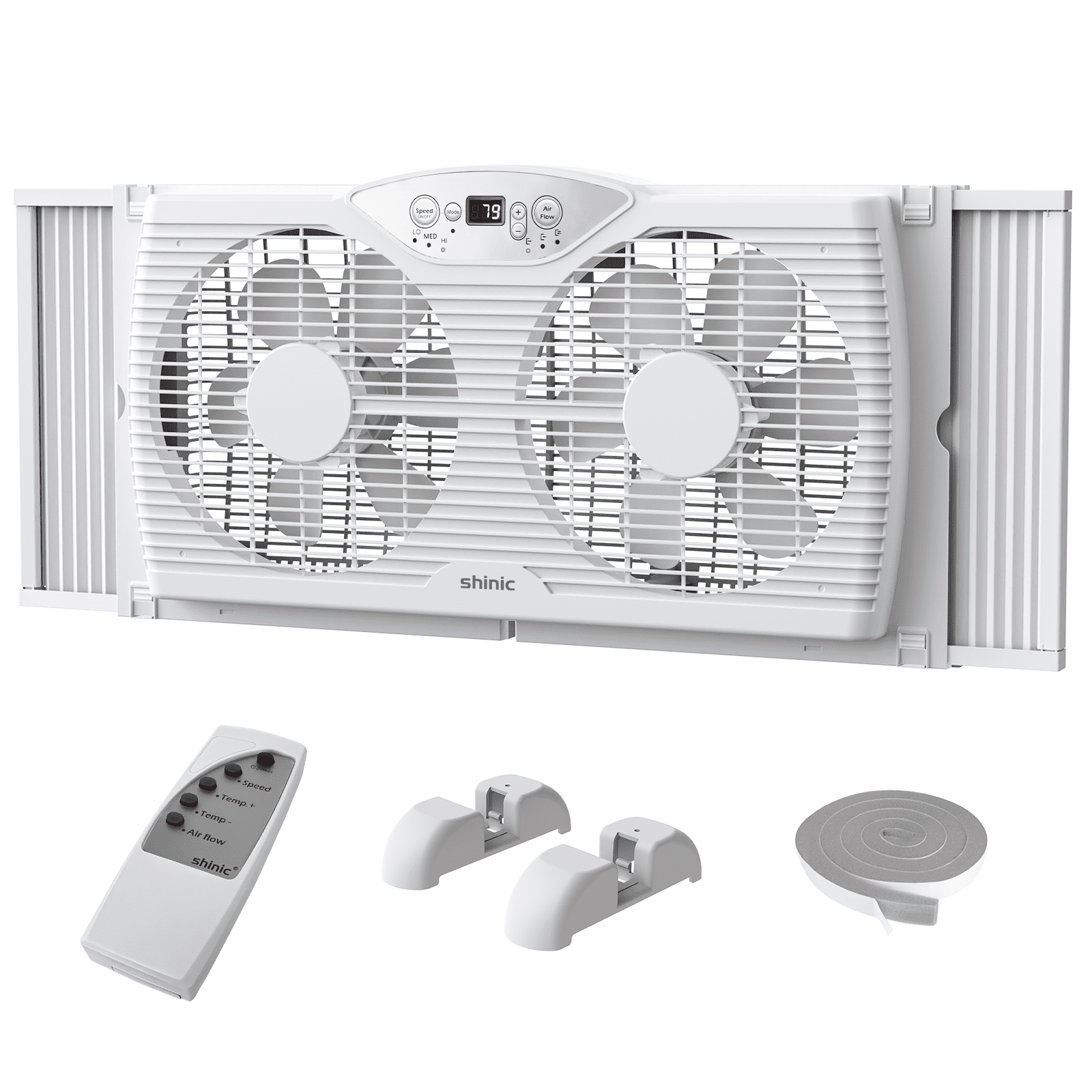 Shinic 9" Twin Window Fan with Thermostat, Reversible Airflow, 3 Speeds, Expandable Width 23.5"-37", ETL Listed