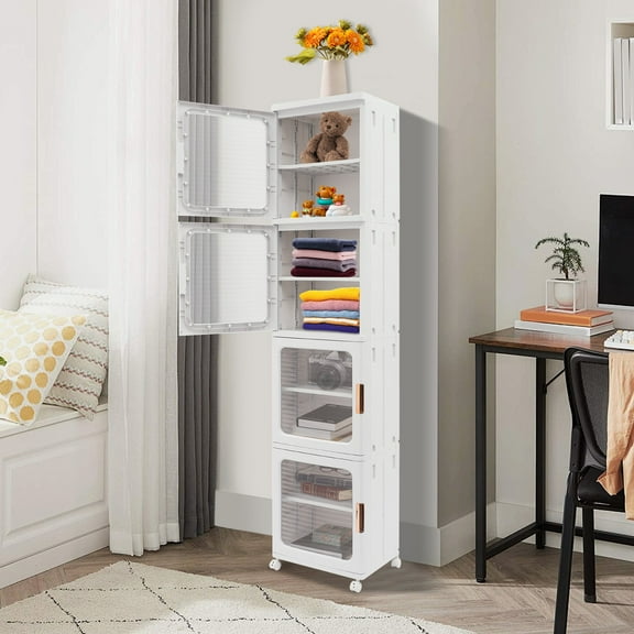 4-Tier White Tall Narrow Storage Cabinet W/ Wheels Adjustable Shelves Organizer