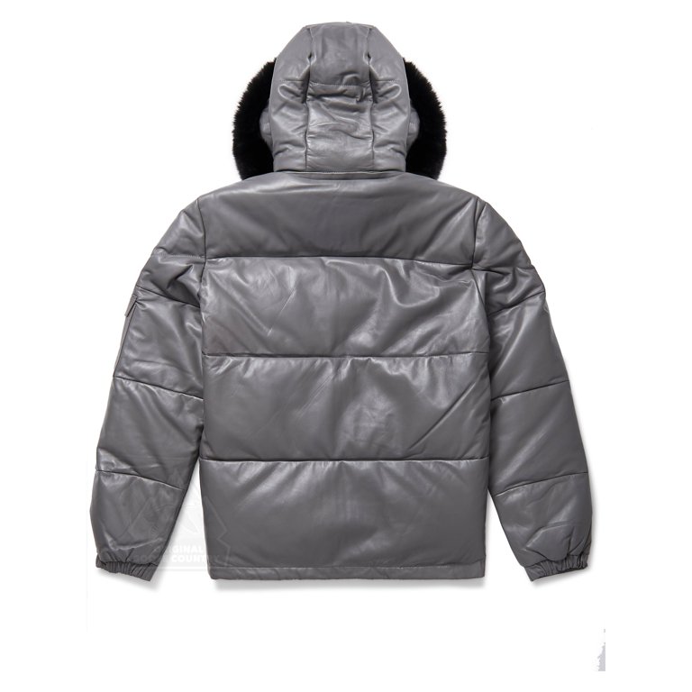 OCG Men's Puffer Leather Jacket with Down Insulation-Grey / XXL