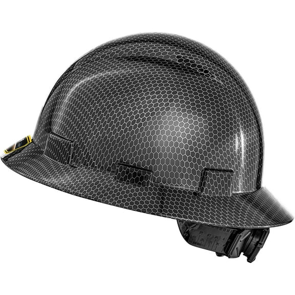 ProtectX Premium Full Brim Hard Hat, Cascos De Construccion for Safety, 6-point Adjustable Ratchet Suspension, Black Honeycomb, OSHA/ANSI Compliant
