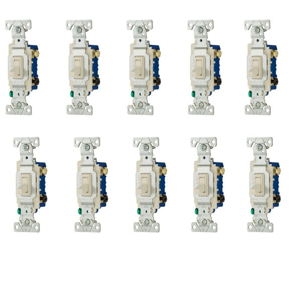 (pack of 10) Eaton Wiring 15 Amp Framed Toggle Switch, Auto-Ground, 3-Way, #14-10 AWG, 120V, Light Almond