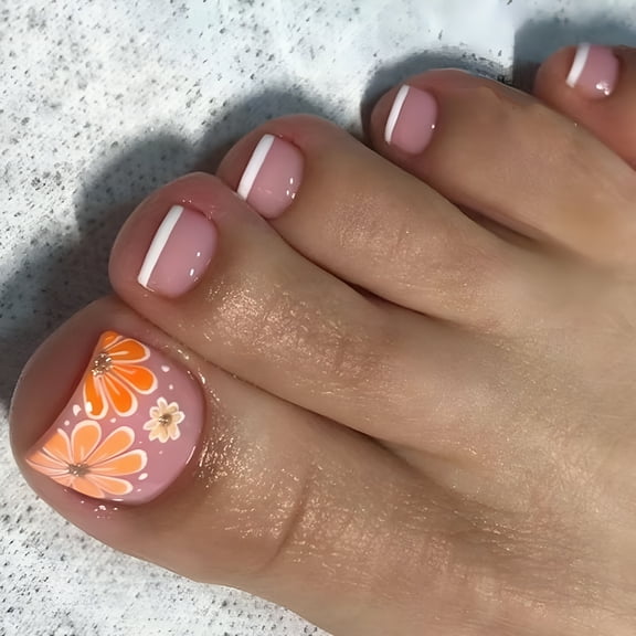 RAGUPEL White French Press On Toenails Short Square Fake Toenails Yellow Flower Fake Toe Nails Press Ons Glossy Acrylic Artificial Nails Stick On Toe Nail Tips Press On Toenails for Women 24 Pcs