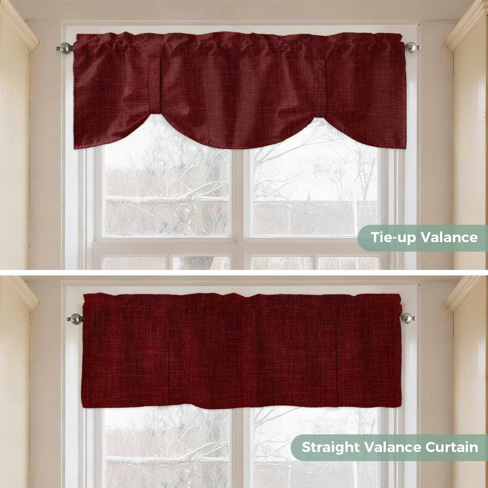 Tie Up Valances for Windows, Vintage Dark Red Adjustable Valance Curtains Window Treatment for Living Room, Farmhouse Retro Solid Color Linen Texture Rod Pocket Kitchen Curtains & Drapes 42x12 Inch