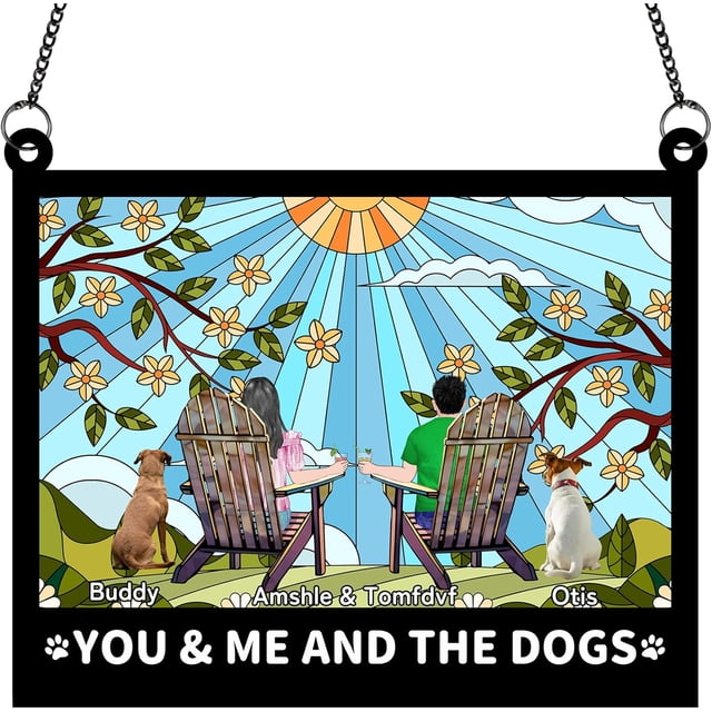 Adorno de atrapasol personalizado para parejas, "Tú, yo y los perros", atrapasol colgante para ventana personalizado para acampar, regalo de Navidad, cumpleaños, inauguración de la casa, día de San Va