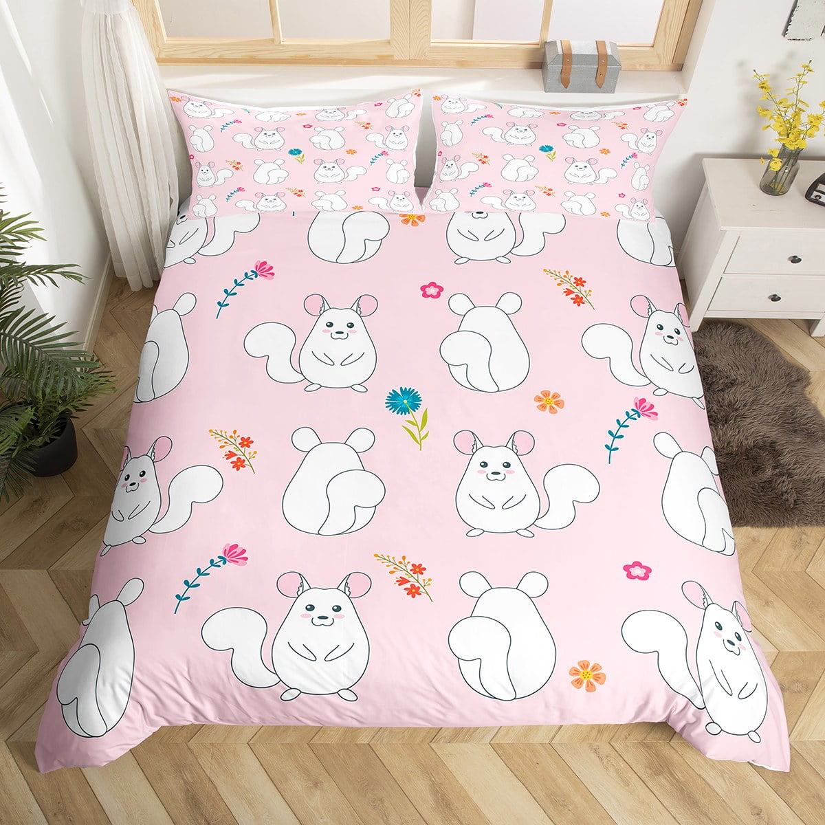 White Rat Bedding Set Cartoon Mouse Comforter Cover for Kids Child Boys Girls,Kawaii Rodents