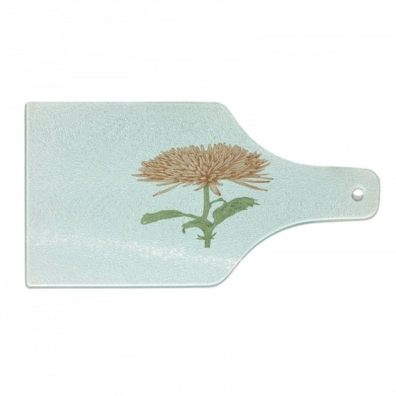 Dahlia Cutting Board, Vintage Style Single Blossom of Chrysanthemum Sketching in Color, Decorative Tempered Glass Cutting and Serving Board, Wine Bottle Shape, Pale Orange Army Green, by Ambesonne
