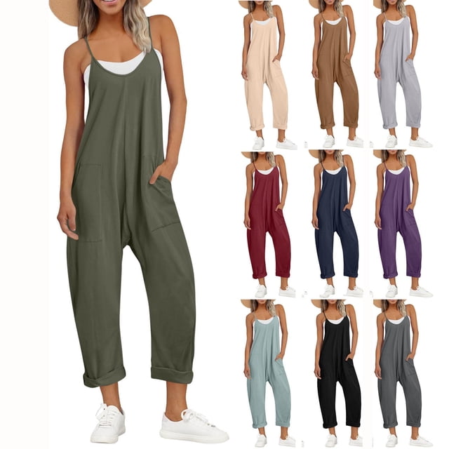 Sentmoon Spring Rompers for Women Summer Jumpsuits for Women 2026 Regular Fit Solid Color Sleeveless V Neck Adjustable Strap Summer Overalls for Women with Pockets S-3XL