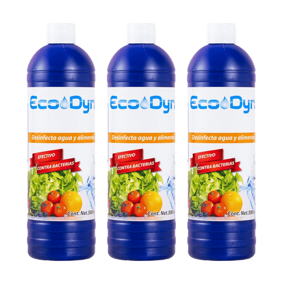 Desinfectante EcoDyn para Alimentos y Agua – 3 Botellas de 500 ml c/u – Microbicida Natural y No Tóxico