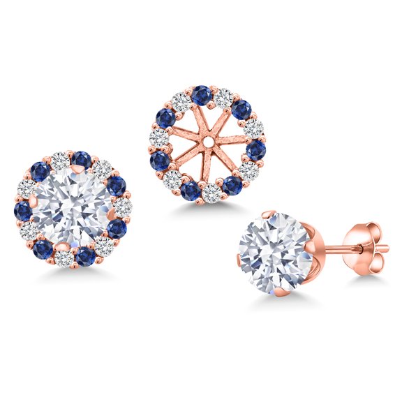 Gem Stone King 18K Rose Gold Plated Silver White Zirconia Earrings with Jackets for Women | 3.00 Cttw | Gemstone Birthstone | Round 6MM