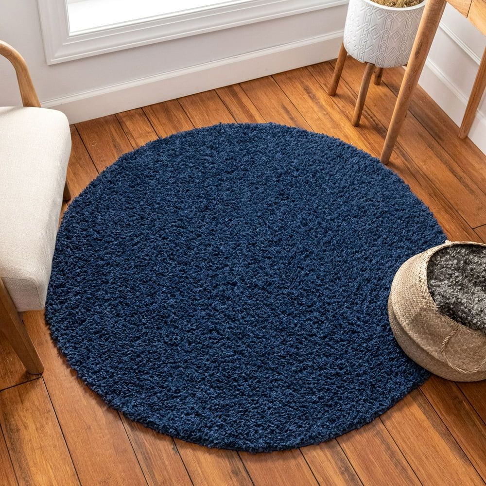 Well Woven Solid Color Indigo Blue Soft Shag Area Rug 4 Round (3'11")