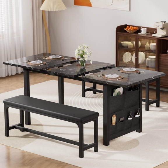 VECELO Extendable Dining Table Set for 4-6 People, Modern 3-Piece Kitchen Table Set with 2 Upholstered Benches, Mid-Century Dining Room Table, Saving Space, Marble Black