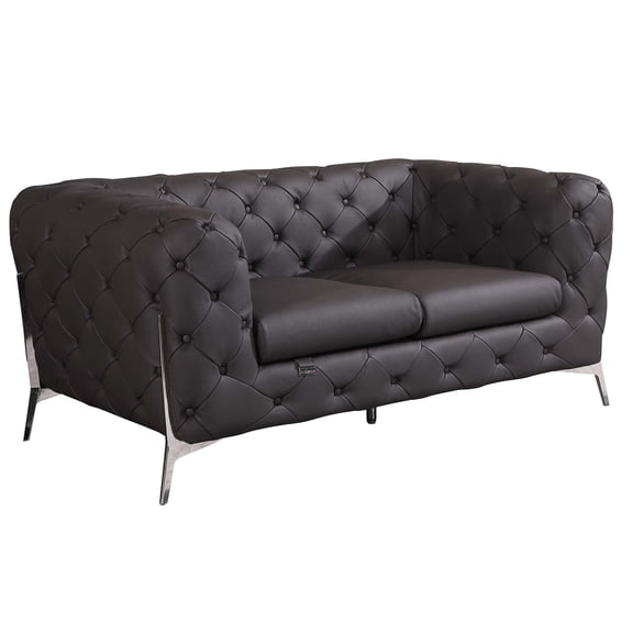 Transitional Loveseat Sofa in Top Grain Italian Leather, Brown Upholstery with Chrome Legs