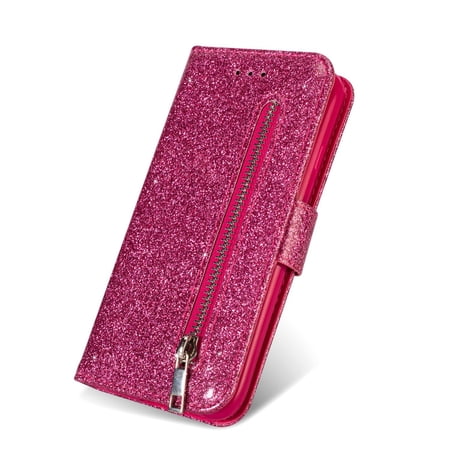 Samsung Galaxy S10 Case, Dteck Bling Glitter PU Leather Zipper Wallet Case Cover With Hand Strap,Hot Pink
