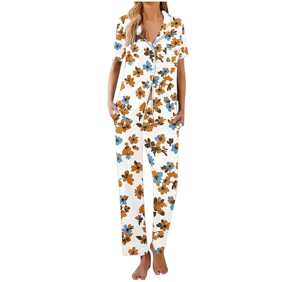 Iyufng Pajama Sets for Women,Loungewear for Women 2 Piece Set,Fashion Printed Thin Short Sleeved Top Long Pants Lapel Button up Sleepwear Pjs Set,Women Homewear,S-XXL