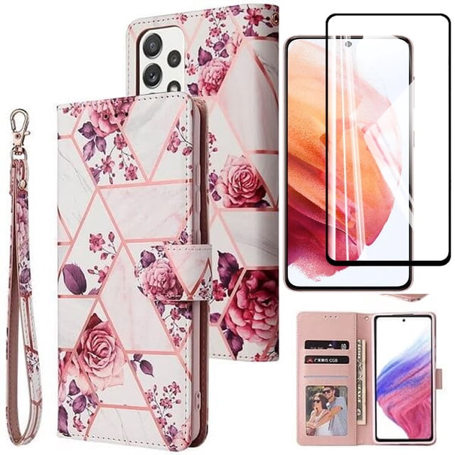Wallet Case For Samsung Galaxy S22 Ultra Case 2 in 1 – Tri-Layer Rugged Hard Shell Leather Wallet Cover + 1× Tempered Glass Screen Protectors (Pink)