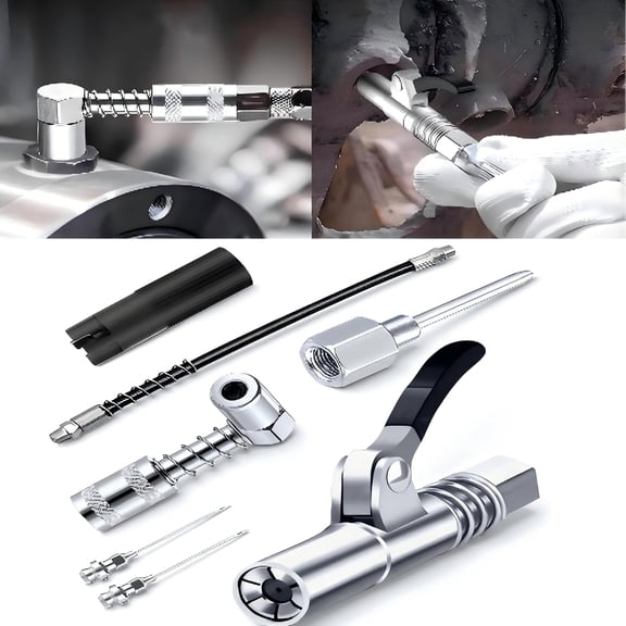 Heavy-Duty Grease Gun Accessory Kit with Needle Dispenser, 90° Coupler Adapter, 12-Inch Hose, and Zerk Cleaner for Automotive & Farm Maintenance