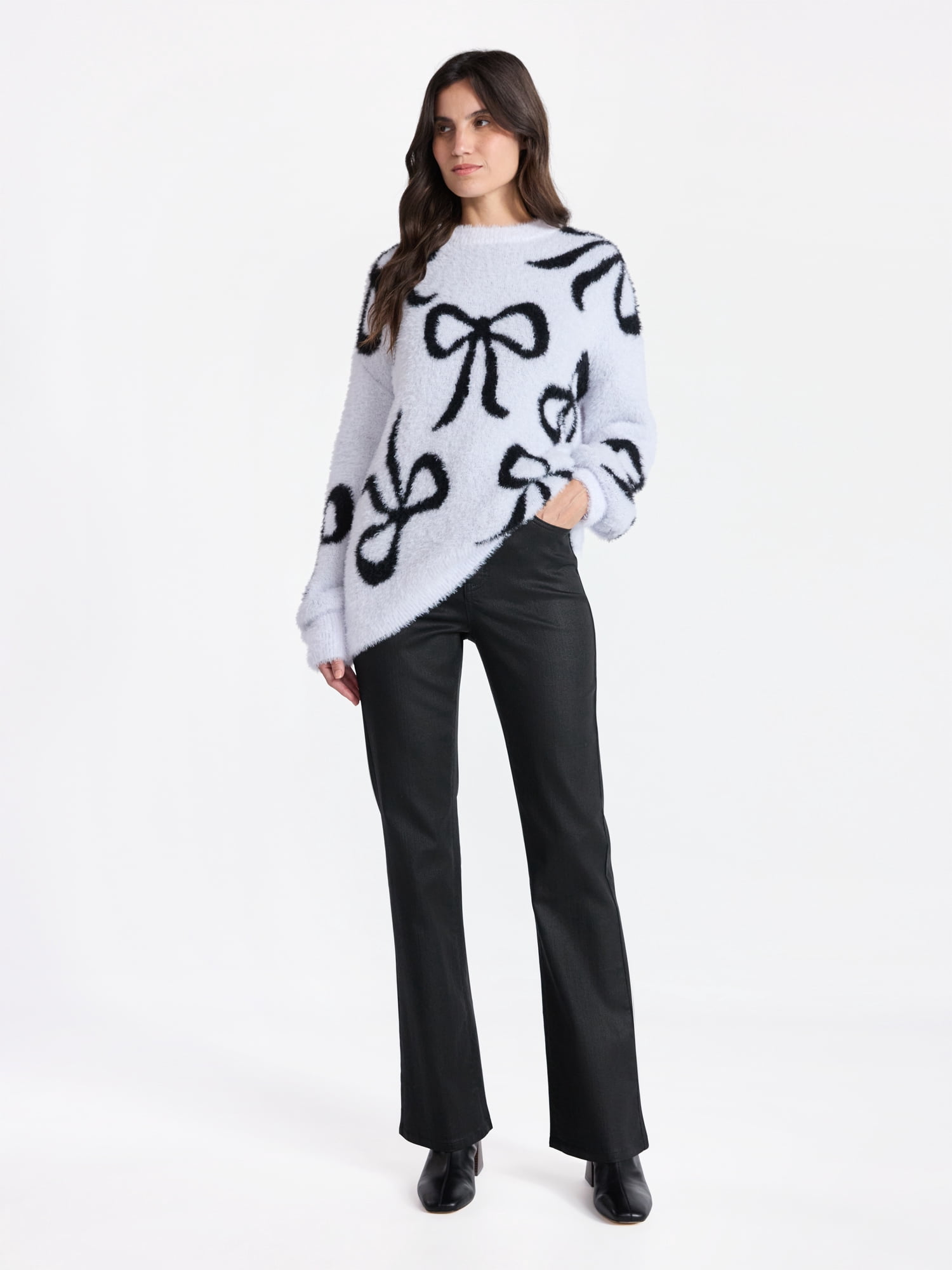 99 Jane Street Women's and Women's Plus Bow Print Pullover Sweater, Midweight, Sizes XS-4X