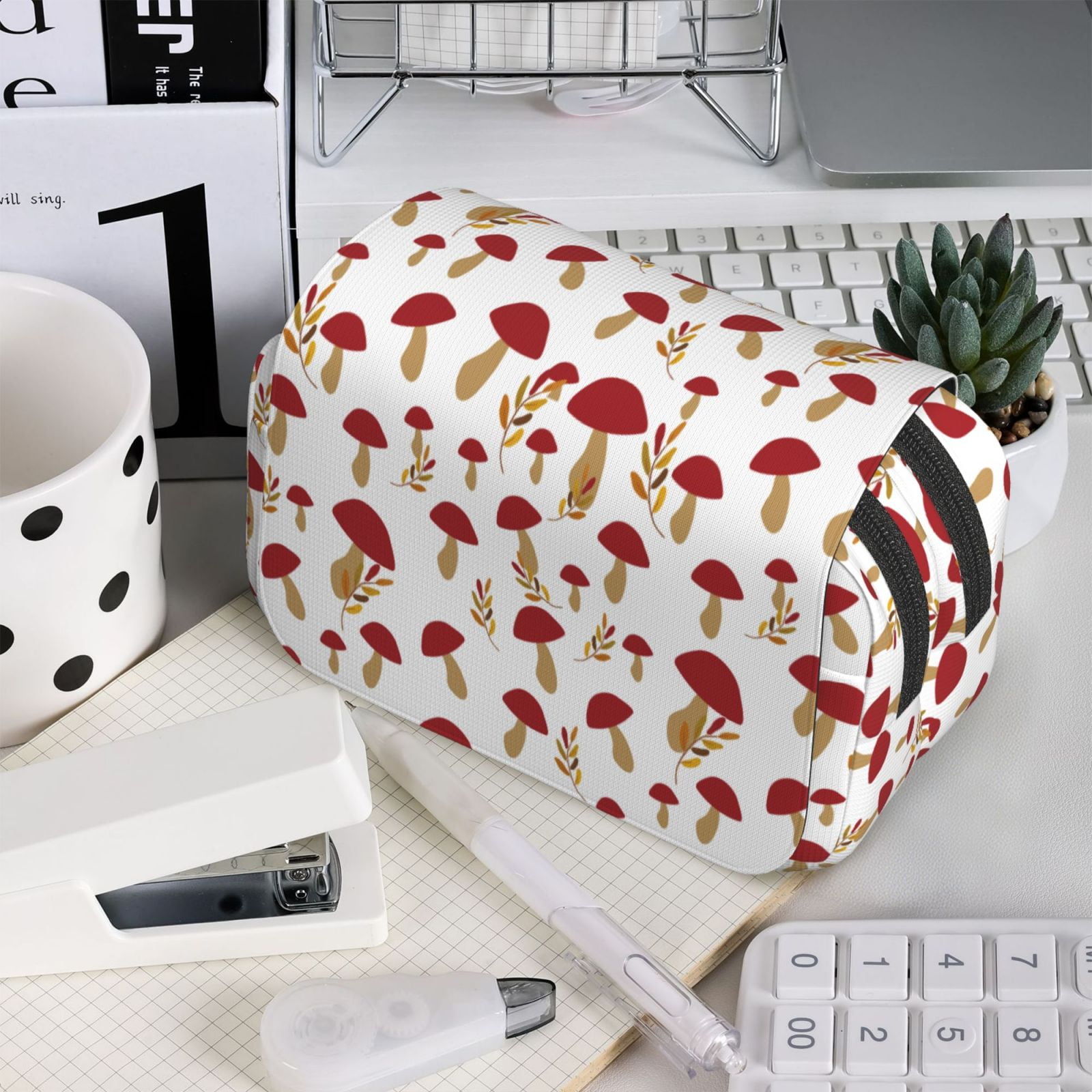 Rateoe Red Mushroom Pattern Double Clamshell Pen Case, Storage Organizer with Two Zipper Compartments– Holds Up to 50 Pencils & Pens