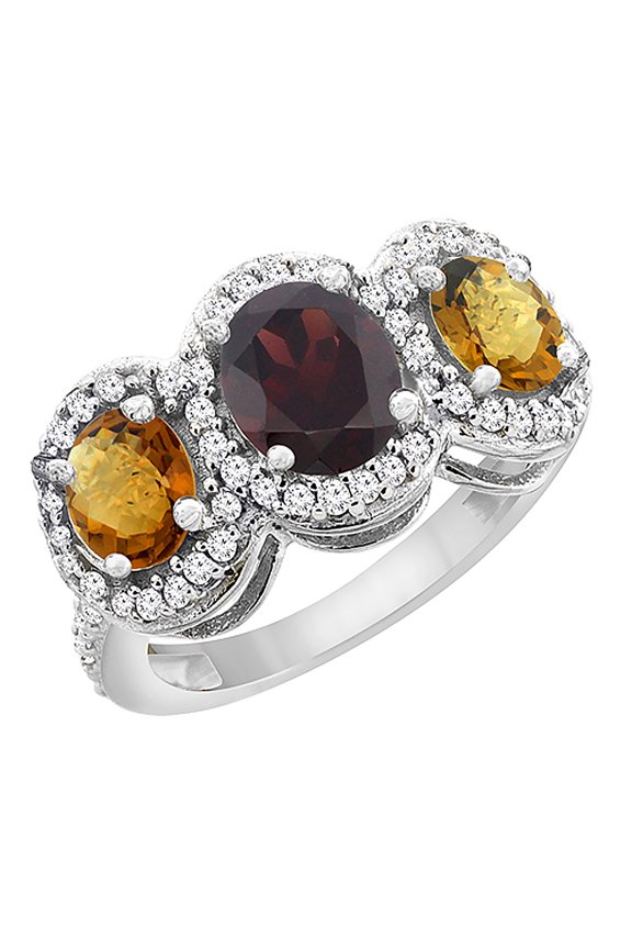 10K White Gold Natural Garnet & Whisky Quartz 3-Stone Ring Oval Diamond Accent, size 9