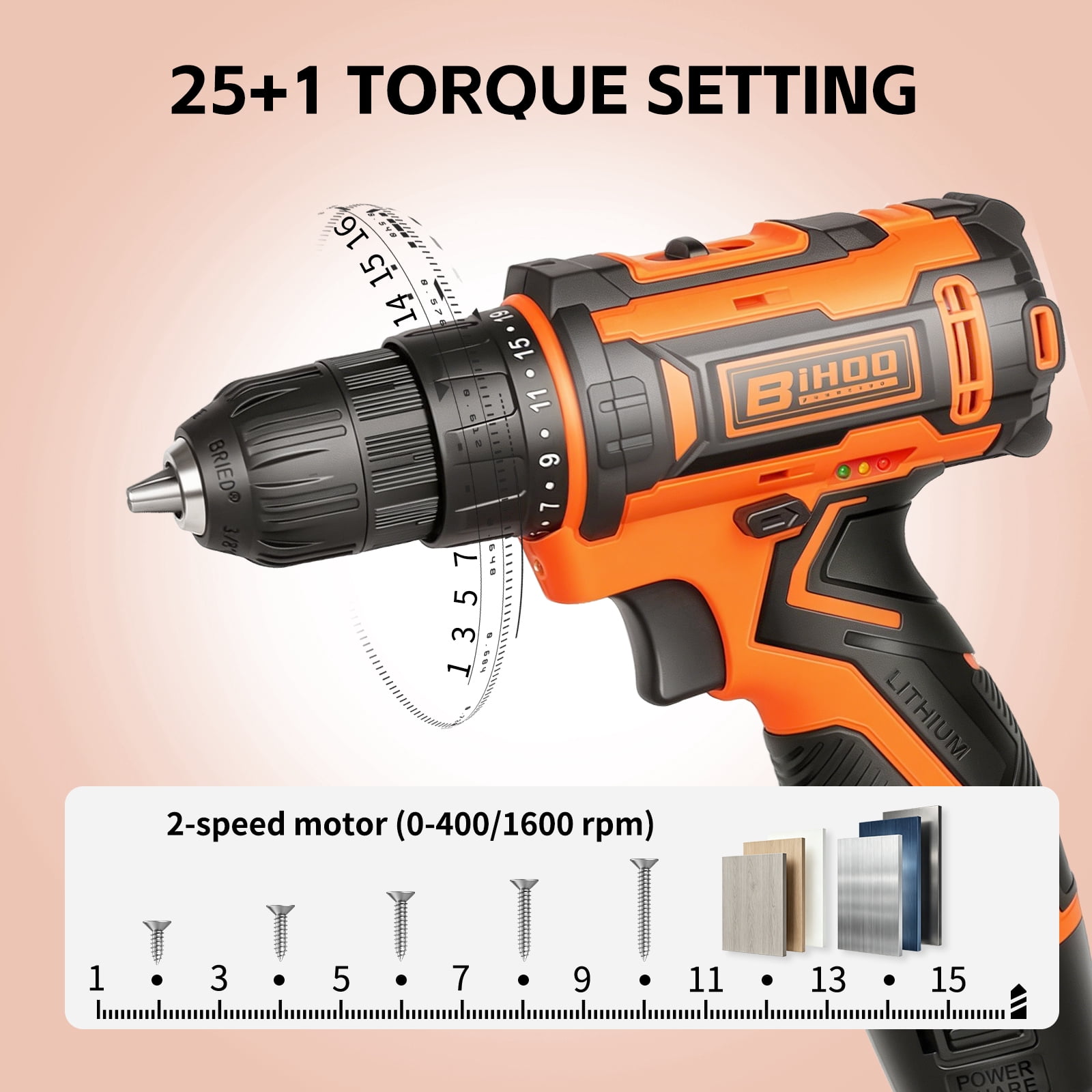12V Cordless Drill Driver Set,43pcs 3/8"Keyless Chuck Battery Drill Bits Kit,2 Variable Speed for Home DIY Work,Orange