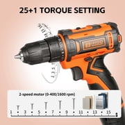 BIHOO 12V Cordless Power Drill Set, Electric Power Driver Kit, with Battery and Charger, 2Variable Speed for Home DIY, with Drills Bits Set, Black and Orang