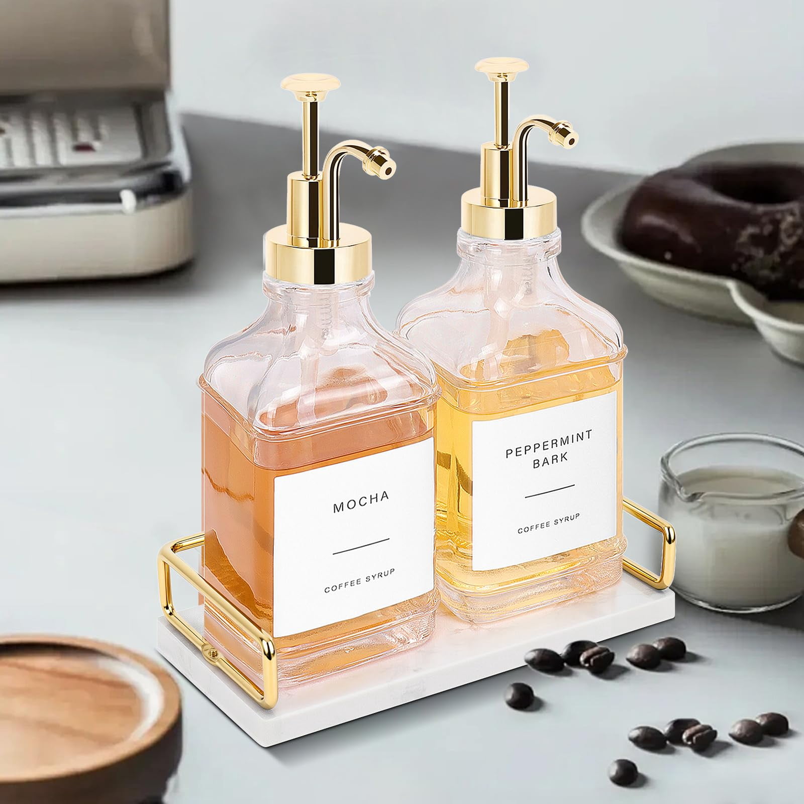Coffee Syrup Dispenser For Bar  Clear Glass Bottles With Pump Refillable Maple Storage Station Accessories And Organizer 500ml Set Of 2 + Tray (gold)