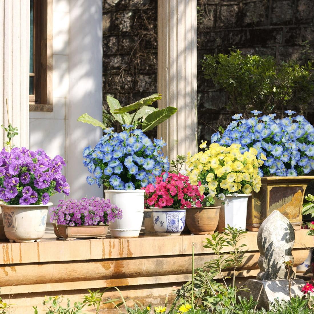 24 Bundles Artificial Morning Glory Fake Boxwood Shrubs UV Resistant No Fade Faux Greenery Plants for Indoor/Outdoor Hanging Planters, Home Garden, Porch, Patio Wedding Decor (Blue)