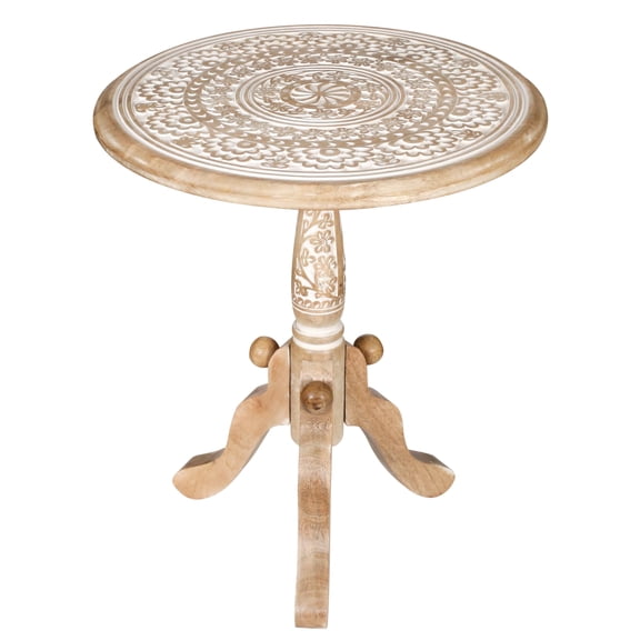 The Wooden Town Round End Table, 18x21 Inch, White Wash, Handcrafted Engraved Carved Side Table with Pedestal Base, Solid Mango Wood
